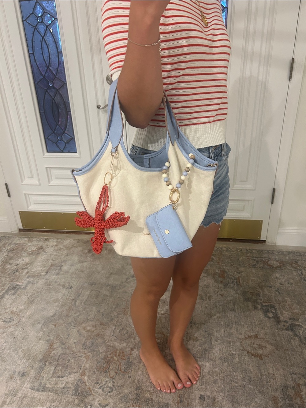 nanette lepore daphne satchel  Canvas Mini Tote with Light Blue Leather Trim